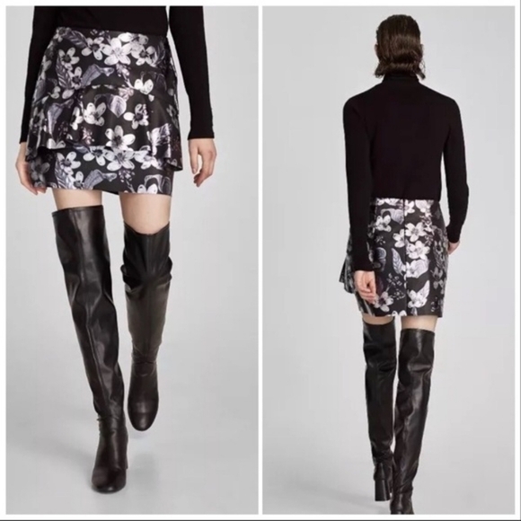 Zara Dresses & Skirts - Zara Faux Vegan Leather Metallic Floral Ruffle Mini Skirt Medium